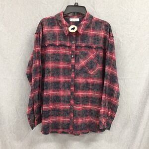 Doe and Rae Red Black Plaid Frayed Hem Flannel Button Up Shirt Womens Medium NWT